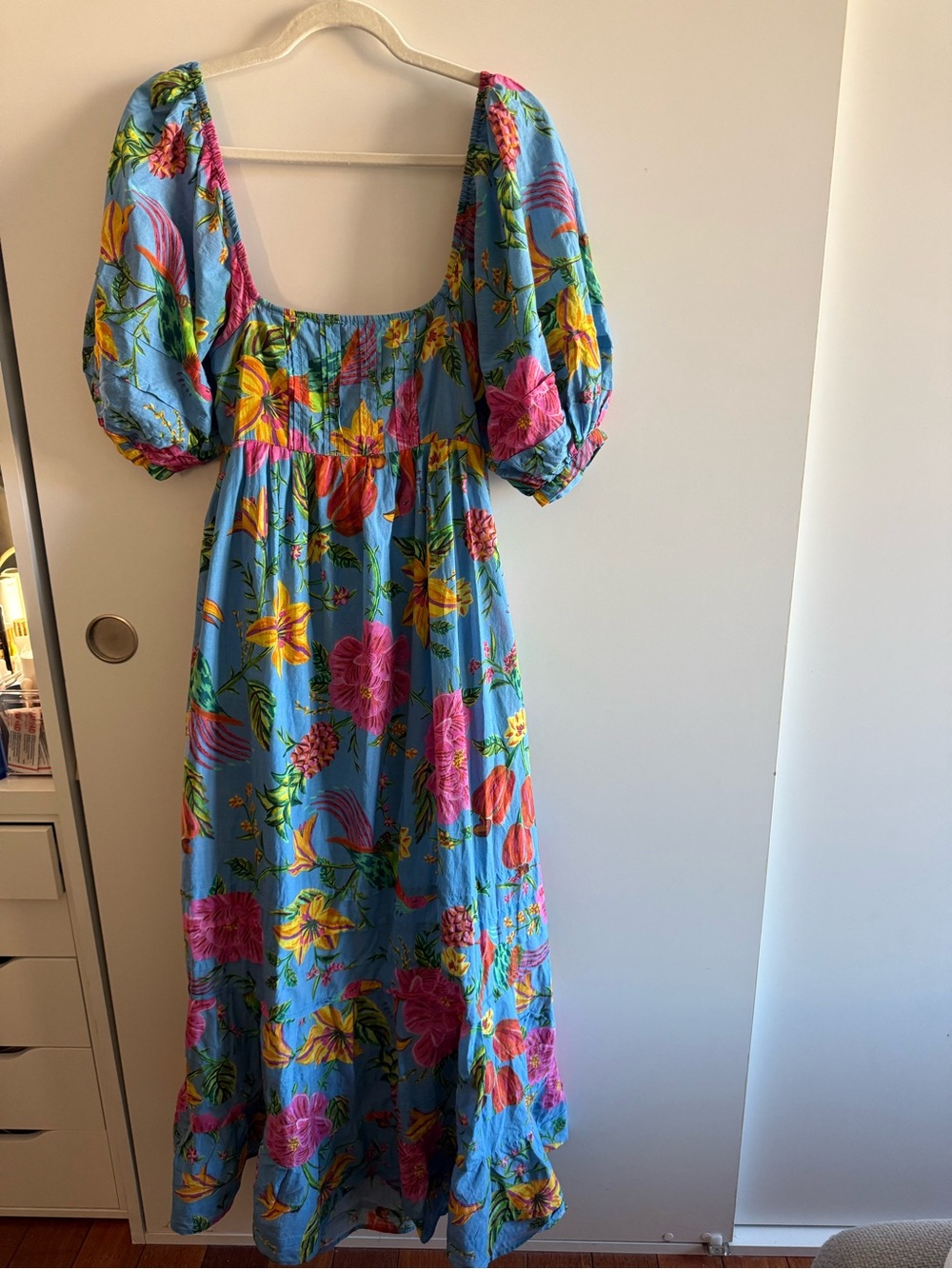 FARM Rio toucans  garden midi DressSky Blue Floral Off-Shoulder size xs